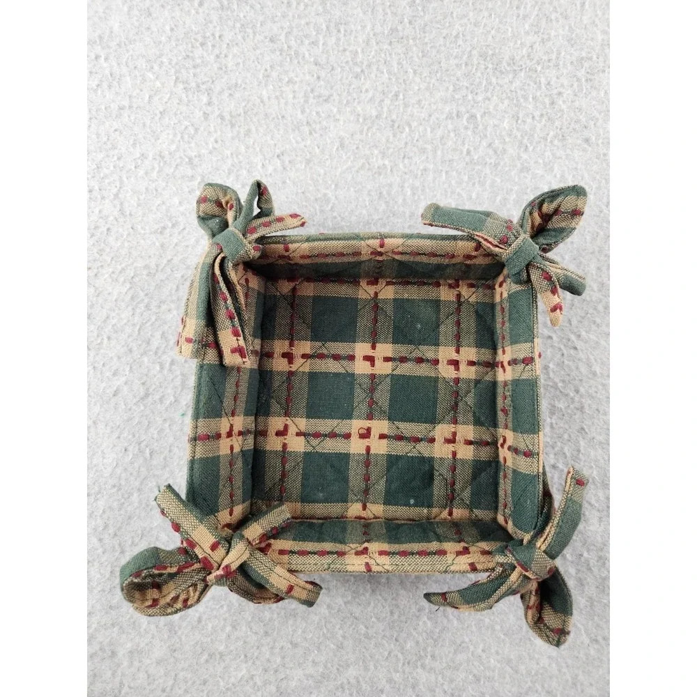 Farmhouse Country Fabric Cloth Bread Basket Side Ties Square Green & Red Plaid